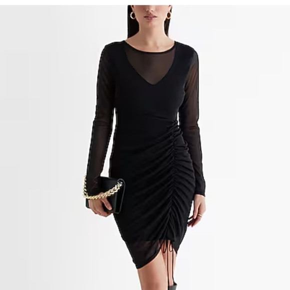 NWT Express Black Mesh Long Sleeve Ruched Mini Sheath Dress, Size Small - Picture 1 of 9